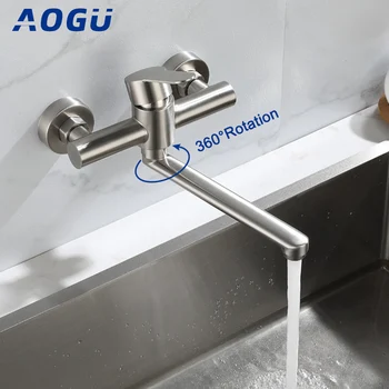 Стенен кухненски кран за топла и студена вода с въртене на 360 °, смесител за мивка с две дупки, смесителна батерия за мивка от неръждаема стомана 304