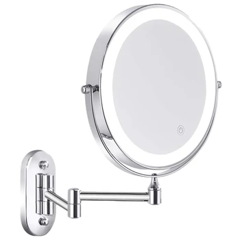 Стенен тоалетка с огледало за баня, Огледало за грим с led повратна сгъване козметично огледало с осветление 1X/5X Увеличение