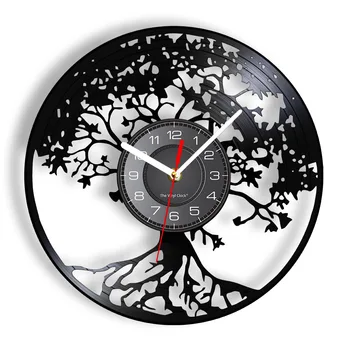 Стенен часовник от дърво от тази винил плочи Корените на Ствола Клони, Листа на дърво, изрязани с лазер, стенни часовници с лонгплеем, стенен декор