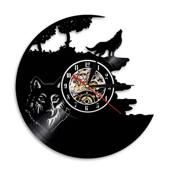 Стенен часовник с воющим вълк От тази винил плочи, стенни часовници с дивите животни, Вълк към Луната, уникален декор за дома, новост, подаръци