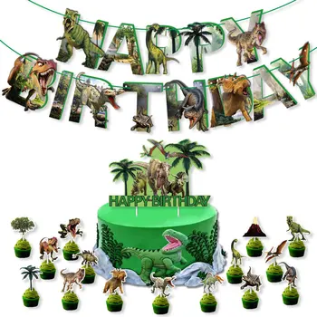 Тематично бижу парти с динозавром, Банер честит рожден Ден, флаг и с Динозаври, латексови балони, topper за торта, детско сафари в джунглата, декорация за рожден Ден