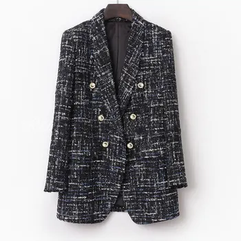 Туид сако, дамско тъмно-синьо палто от плат с пайети, Пролетно-есенни палта 2020 г., Нов Стил, Елегантен и Универсален палто с дълъг ръкав, Улично Пълномаслено