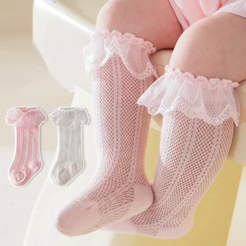 Тънки Чорапи за малки момичета, дантелени мрежести чорапи с цветя модел, дълги чорапи за новородено, лятна чорапогащи до коляното с волани, 0-12 м