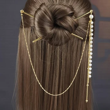 Украшения за коса в китайски стил, златни/Сребърни, Метални пръчки за коса, Вилици, перлени висулки, бижута за жени, шапки за създаване на връзки за коса