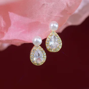 Френските модни изискани обеци с перли във формата на капки, инкрустиран цирконий, ежедневни малки студентски женски накити за крайградски пътувания 2023, абсолютно нови