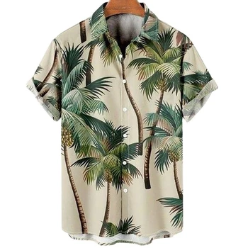 Хавайски мъжка риза с 3D принтом кокосови палми с къси ръкави, голяма плажна риза Harajuku голям размер 2023, нова мъжки дрехи