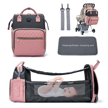 Чанта за памперси Lequeen Раница за мама и 3 В 1 USB Чанта за количка, Бебешко кошче (безплатно), Сгъваема Раница за сън с една кука, Чанта за бременни