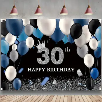 Черен и сребрист фон за честването на 30-годишнината, Тъмно сини и бели балони, Crown, 30 Украса за рожден ден, Тридесетия банер