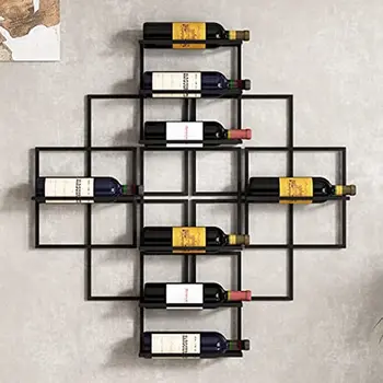 Черен стенен вино багажник на 8 бутилки, метални вино багажник, модерен окачен дисплей за съхранение на вино