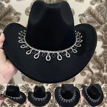 Черна ковбойская шапка с лъскави пайети, украса за празнично облекло DXAA