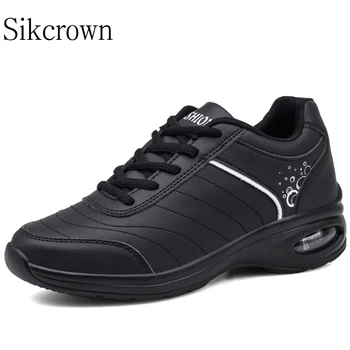 Черни кожени маратонки за жени, голям размер42, ежедневни обувки за бягане на въздушна възглавница, удобна градинска водоустойчив спортни обувки в бял цвят