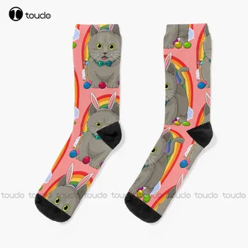 Чорапи за Великден с руски синя котка и Заек, Чорапи за мъже с дигитален принтом 360 °, сладки чорапи, креативни, забавни чорапи в стил Арт